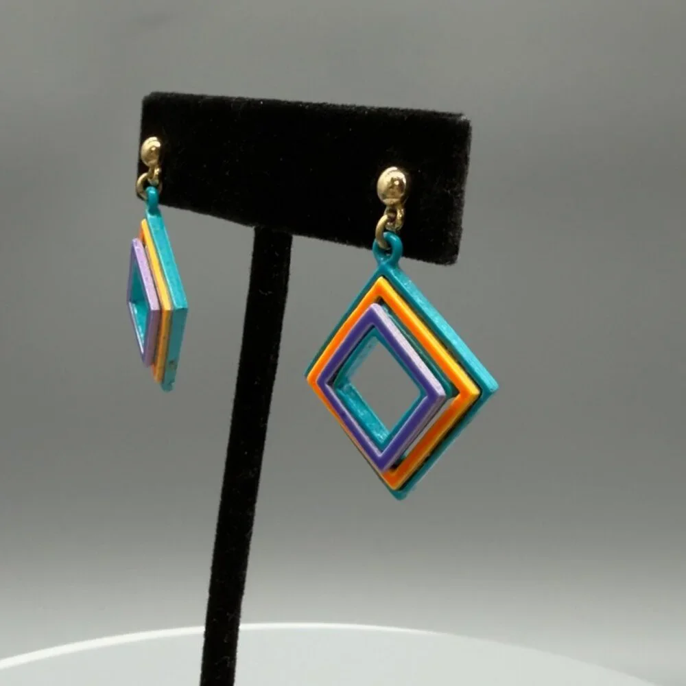 Vintage Bright Multicolor Retro Geometric Enamel Block Square Earrings 80's - Picture 2 of 10
